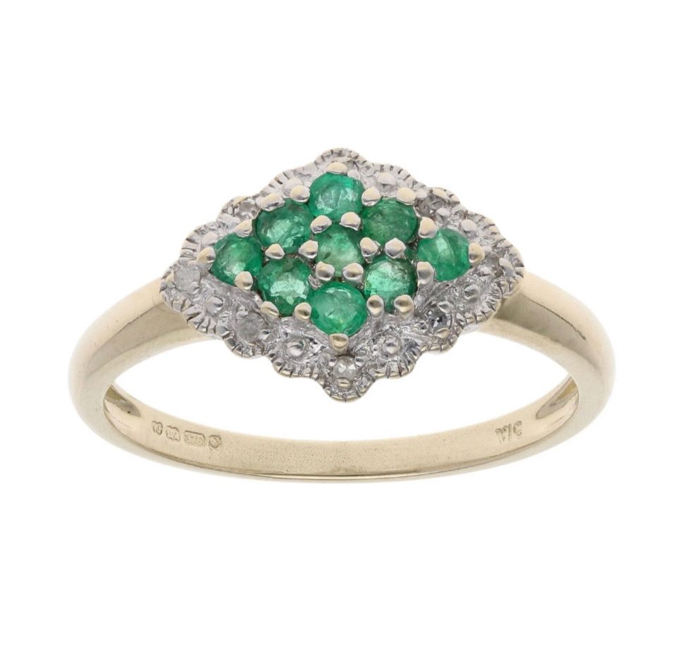 Yellow Gold Emerald and Diamond Cluster - Size: P