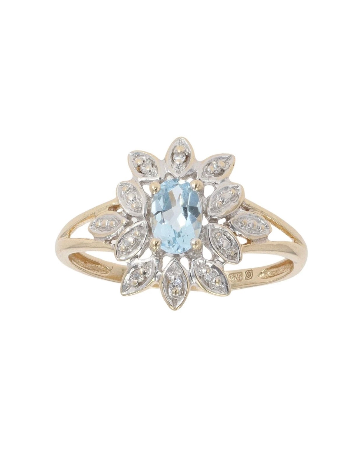 9ct Yellow And White Gold Diamond And Aquamarine Cluster Ring - Size: P