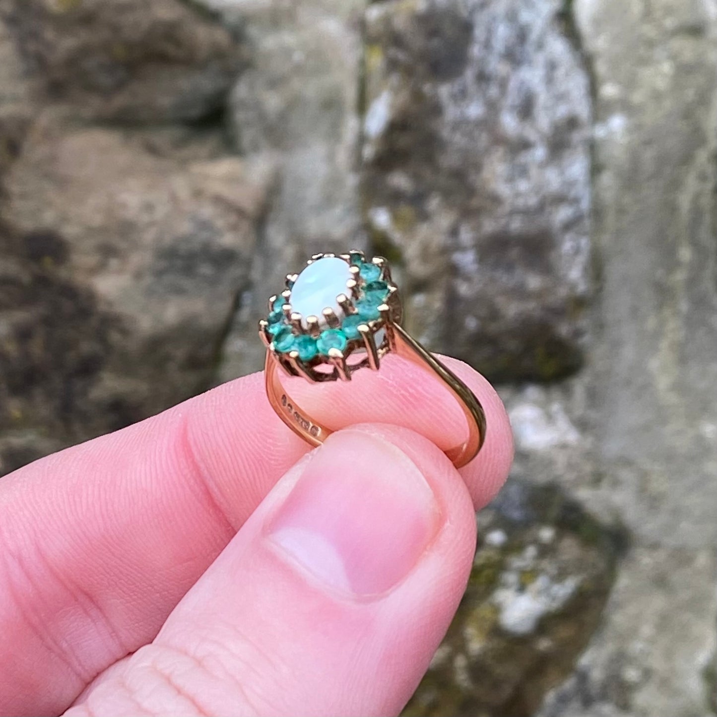 Gold Emerald and Opal Ring - Size: L