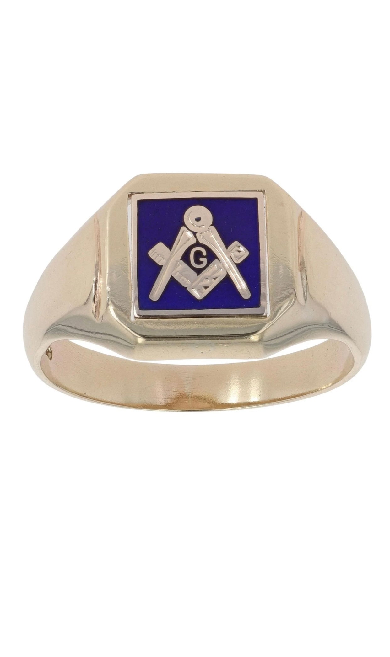 Yellow Gold Blue Enamel Masonic Signet Ring - Size: W