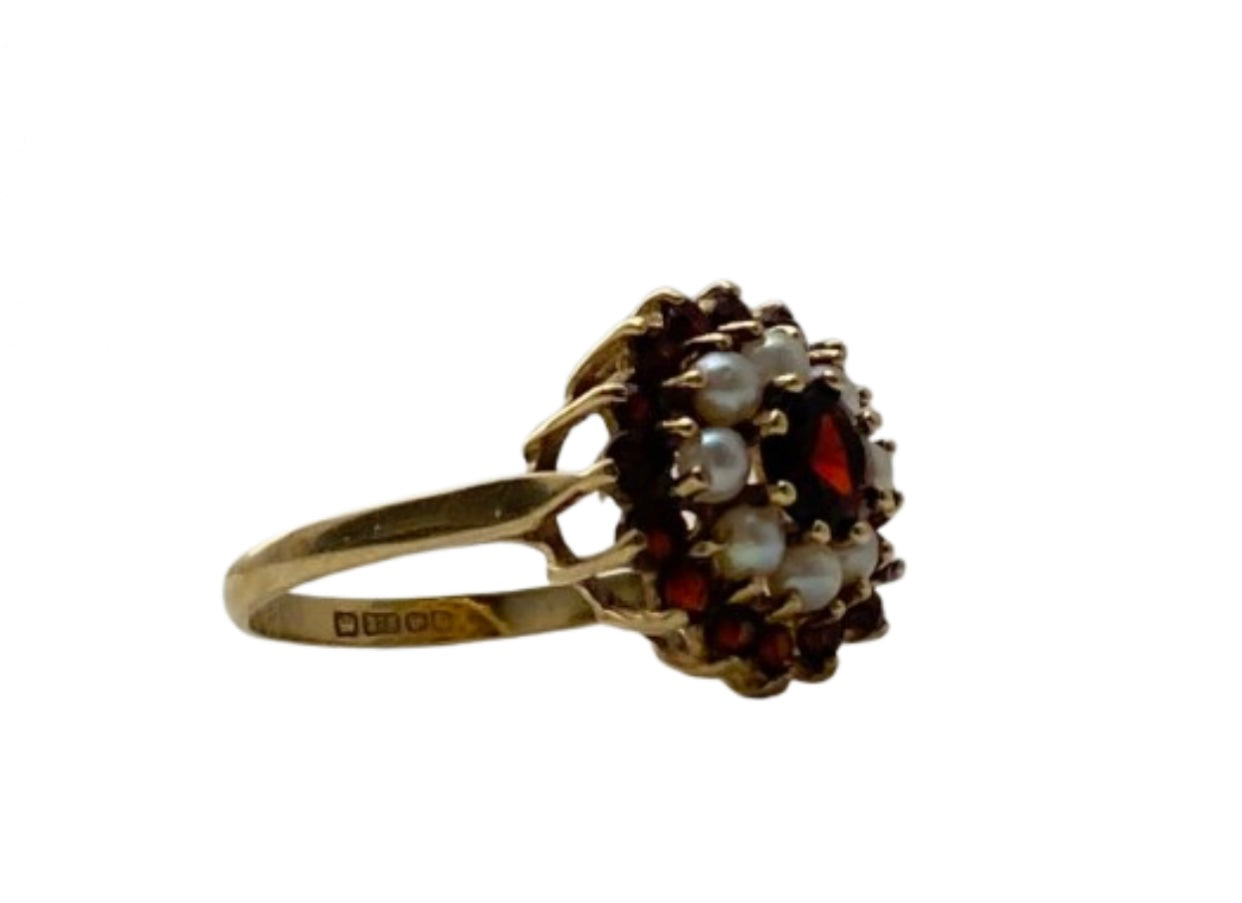 Garnet & Pearl Gold Ring - Size R