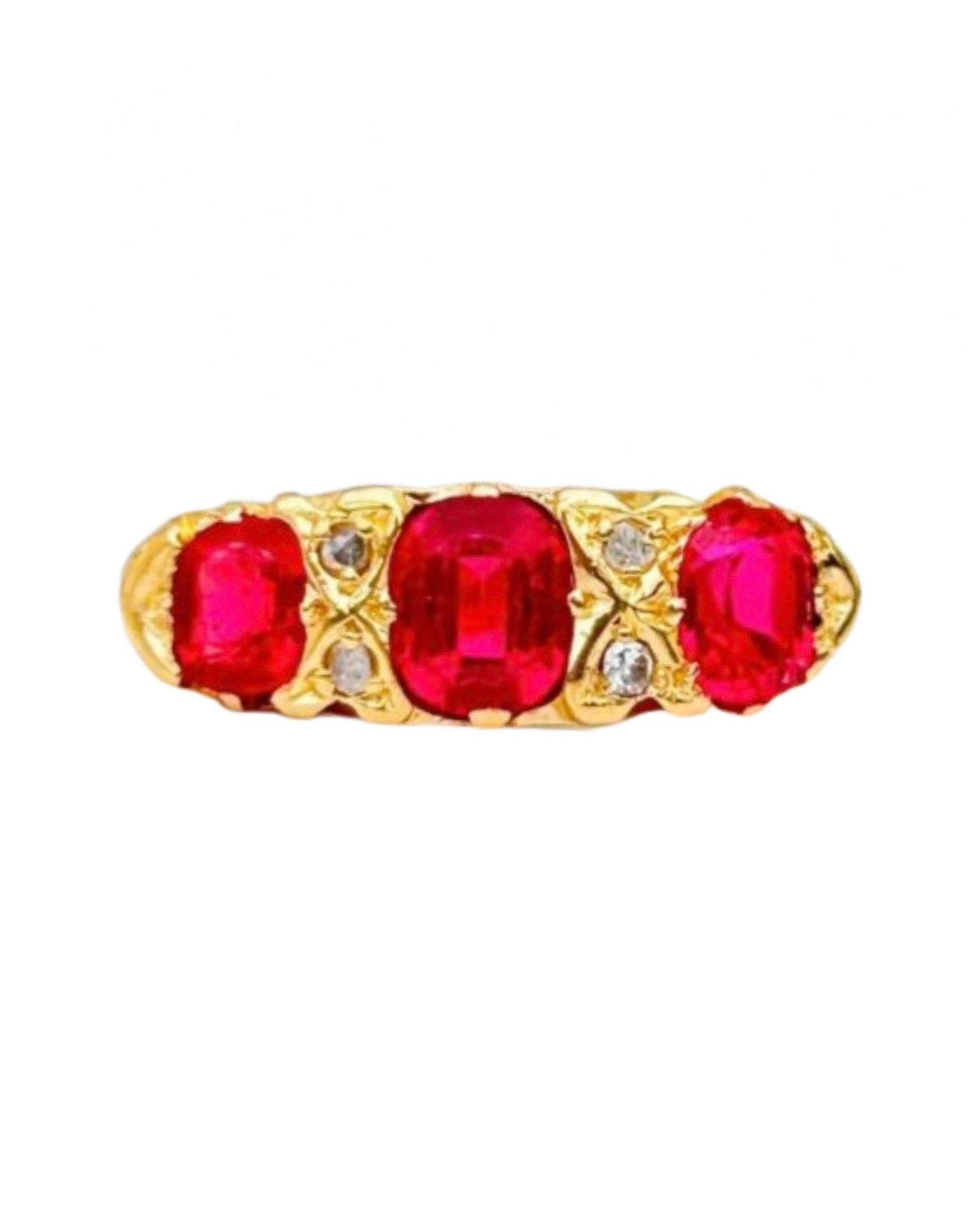 18ct Gold Antique Ruby and Diamond 3 Stone Ring - Size: P