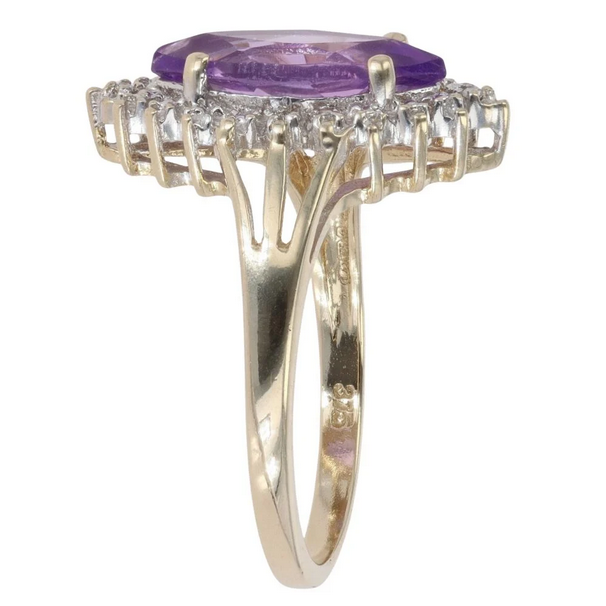 Yellow Gold Diamond And Amethyst Cluster Ring - Size: L