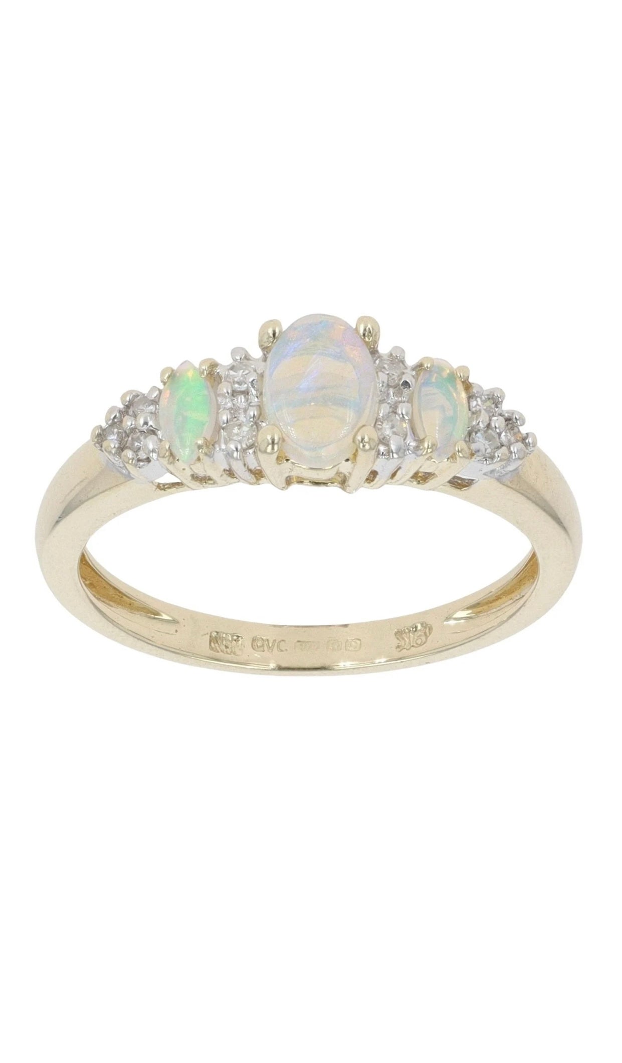 9ct Yellow Gold Opal and Diamond Three Stone Ring - Size: M
