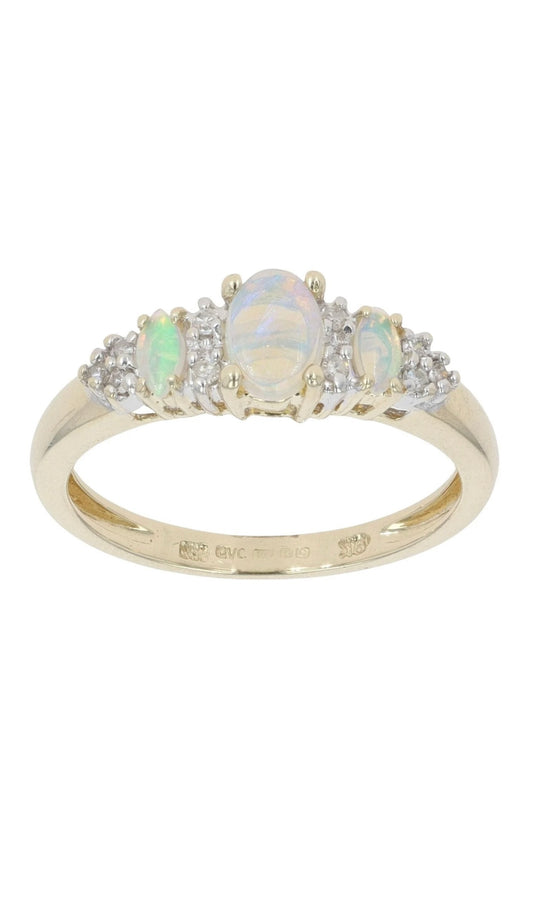 9ct Yellow Gold Opal and Diamond Three Stone Ring - Size: M