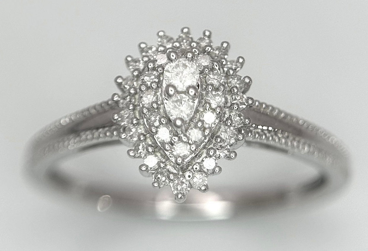 White Gold & Diamond Pear-Shaped Ring - Size: L 1/2
