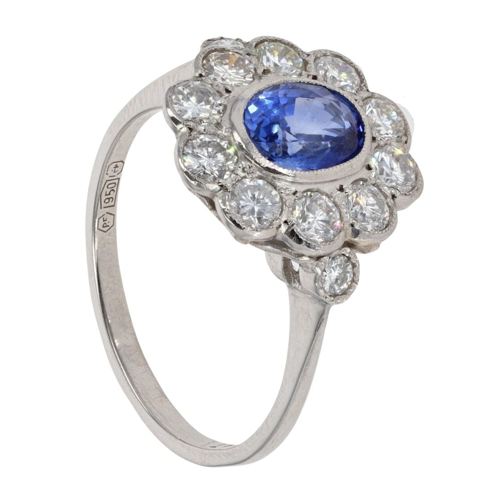 Platinum Sapphire and Diamond Cluster Ring – 1.20ct Sapphire & 0.90ct Diamonds