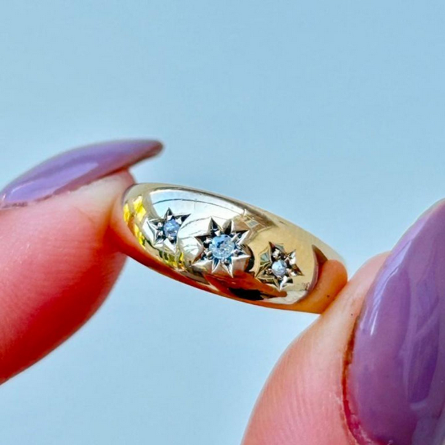 Chunky Antique 18ct Yellow Gold Diamond 3 Stone Ring - Size L