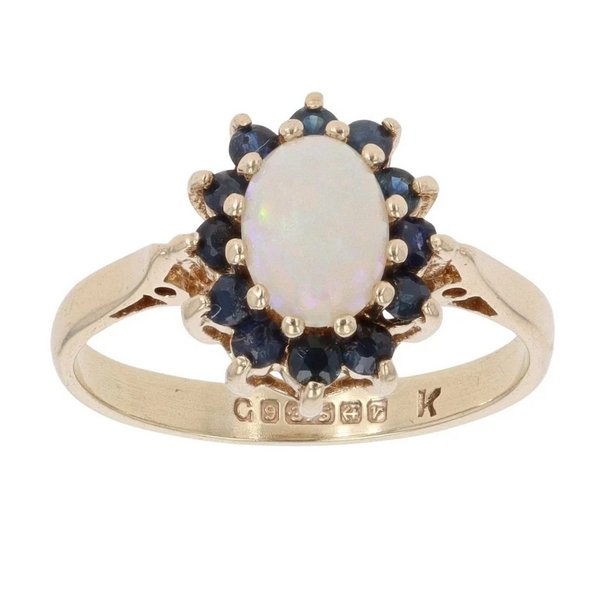 Yellow Gold Opal and Sapphire Cluster Ring - Size: L