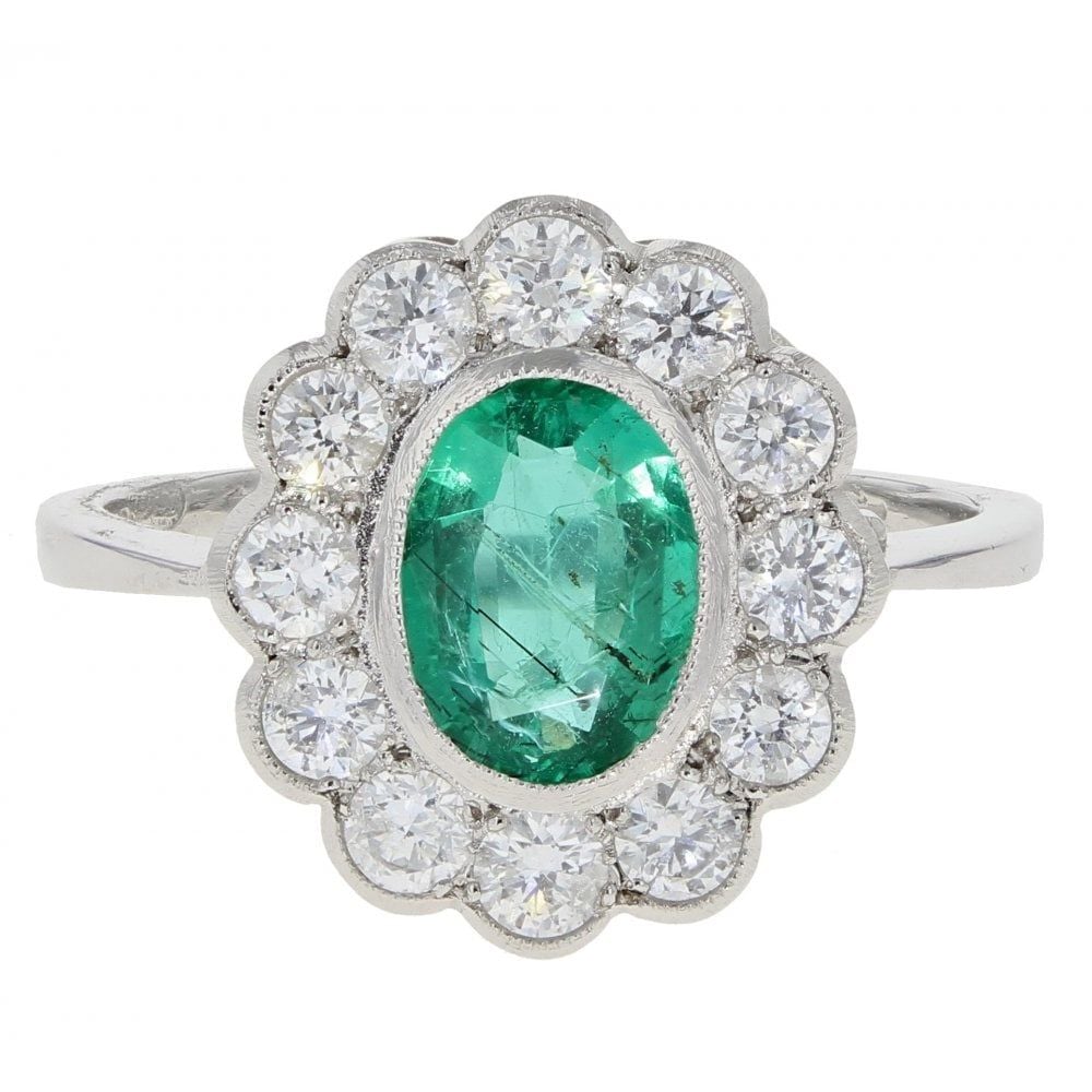Platinum 0.95ct Diamond & Oval Emerald Cluster Ring – Vintage Style