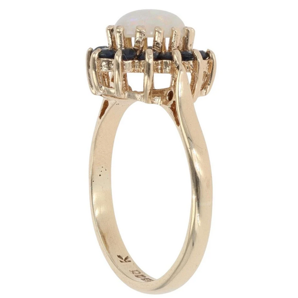 Yellow Gold Opal and Sapphire Cluster Ring - Size: L