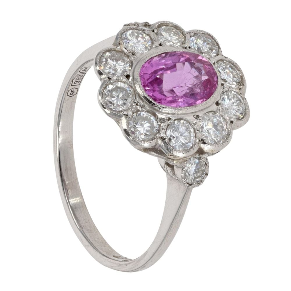 Platinum Pink Sapphire & Diamond Cluster Ring (0.85ct / 0.35ct)