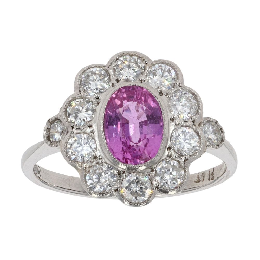 Platinum Pink Sapphire & Diamond Cluster Ring (0.85ct / 0.35ct)