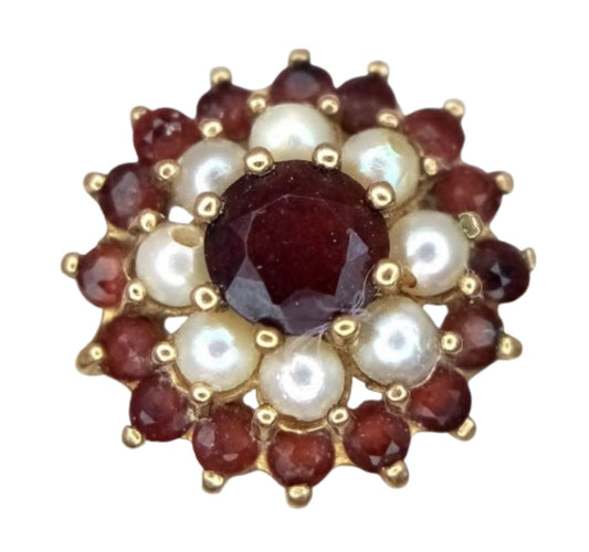 Garnet & Pearl Gold Ring - Size R