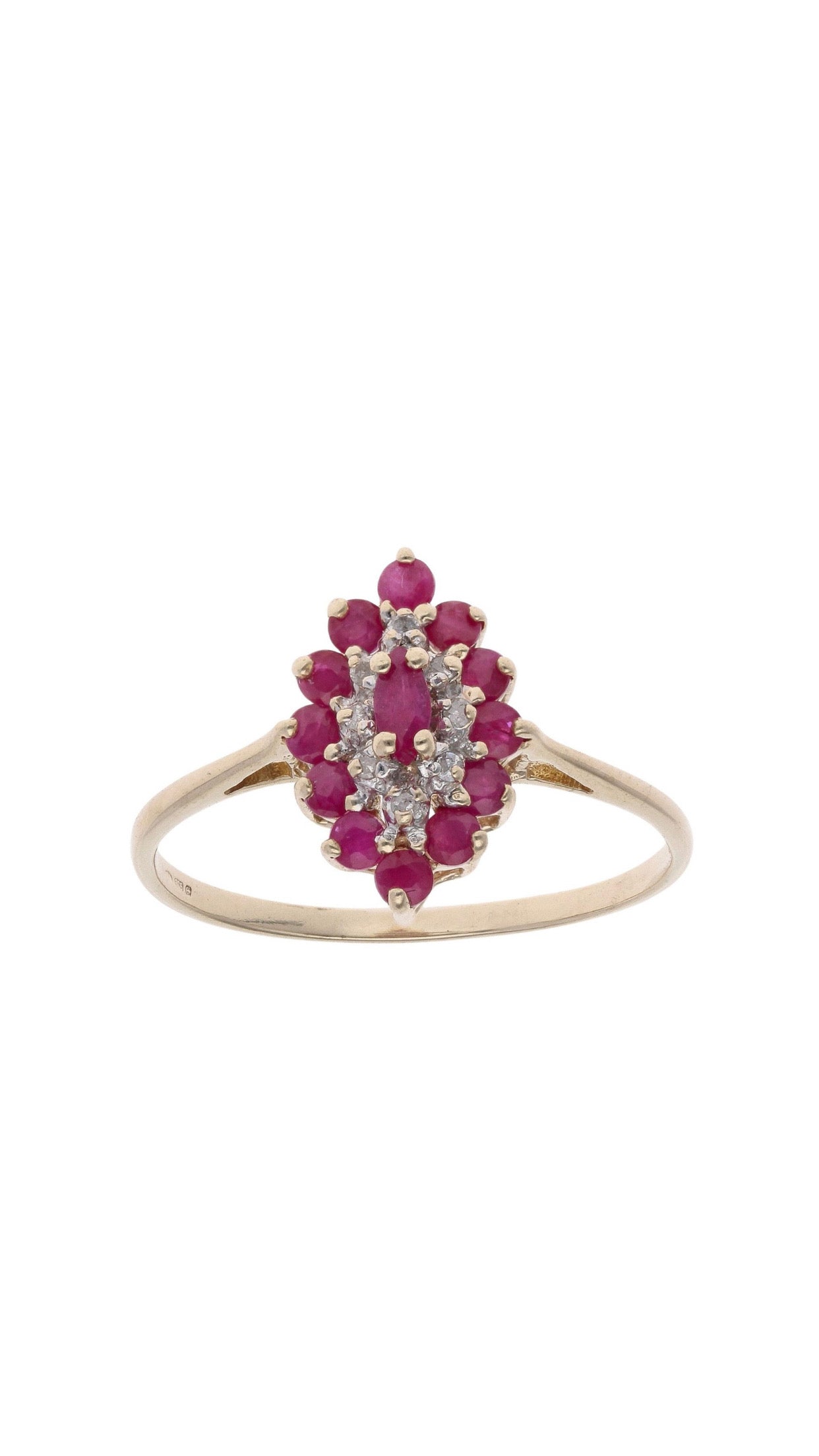 9ct Yellow Gold Ruby and Diamond Cluster Ring - Size: Q