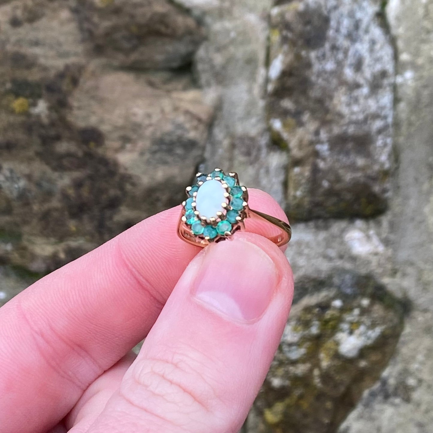 Gold Emerald and Opal Ring - Size: L