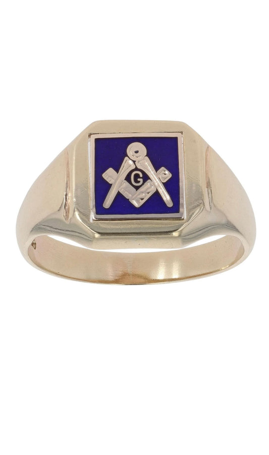 Yellow Gold Blue Enamel Masonic Signet Ring - Size: W