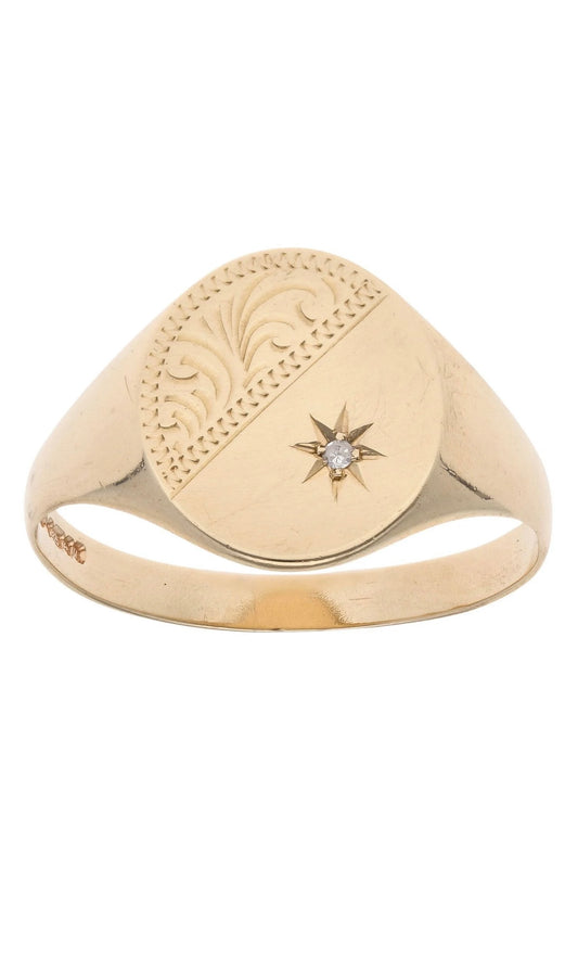 9ct Yellow Gold Diamond Signet Ring - Size: T