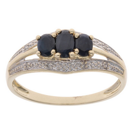 Yellow Gold Diamond And Sapphire Three Stone Ring - Size: P
