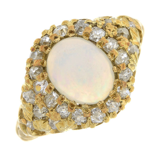 19th Century Gold Opal and Diamond Ring - Size: M 1/2