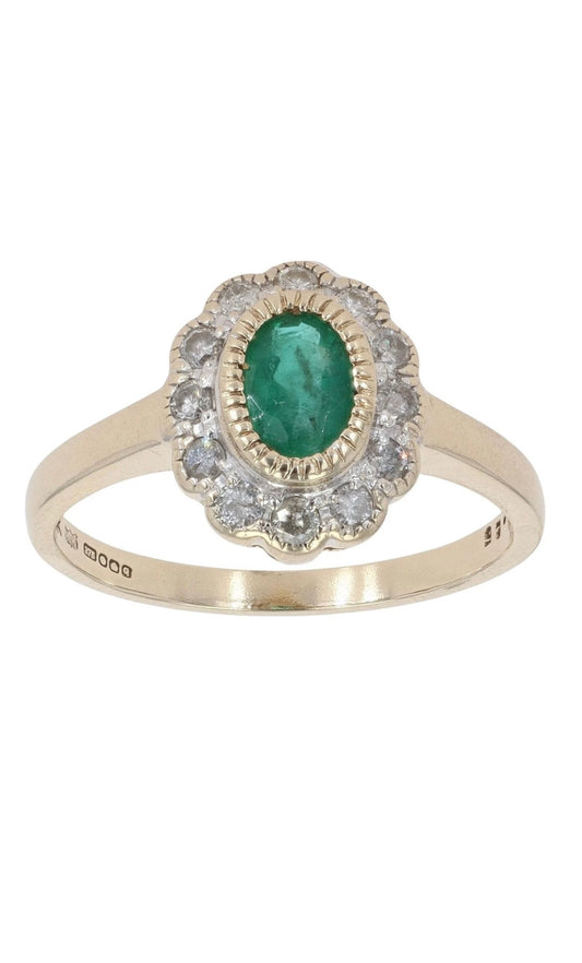Yellow Gold Emerald and Diamond Cluster - Size: M 1/2