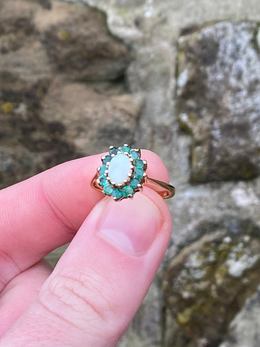 Gold Emerald and Opal Ring - Size: L