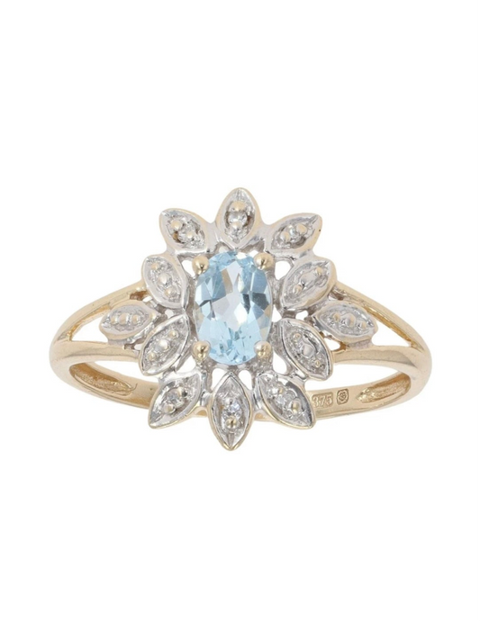 9ct Yellow And White Gold Diamond And Aquamarine Cluster Ring - Size: P