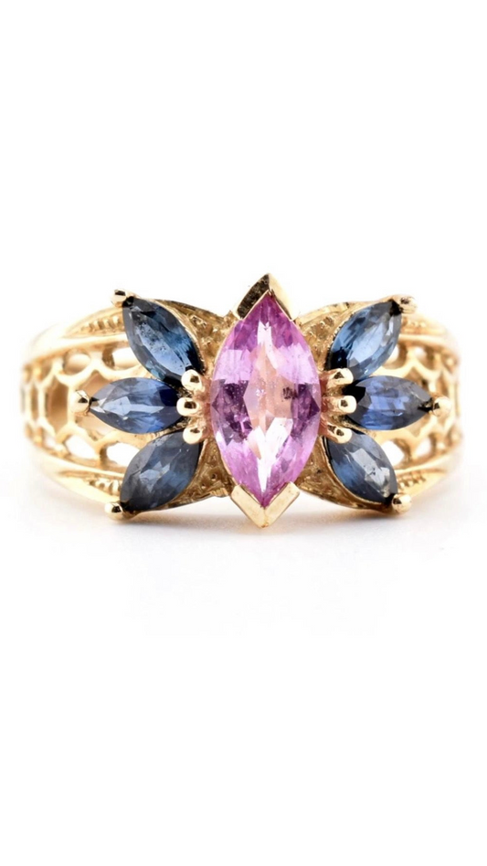 Gold Pink Sapphire & Blue Sapphire Ring - Size: N