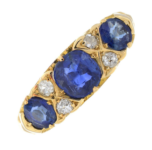 Edwardian Blue Sapphire & Diamond Ring - Size: M