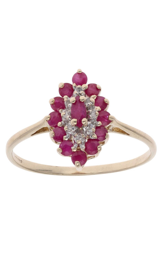 9ct Yellow Gold Ruby and Diamond Cluster Ring - Size: Q