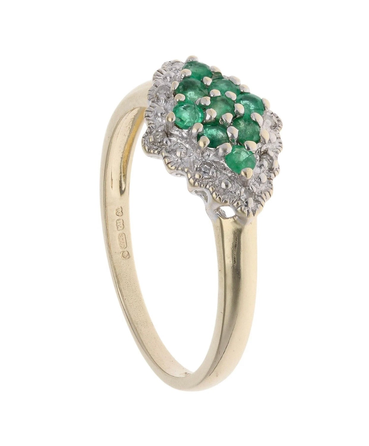 Yellow Gold Emerald and Diamond Cluster - Size: P