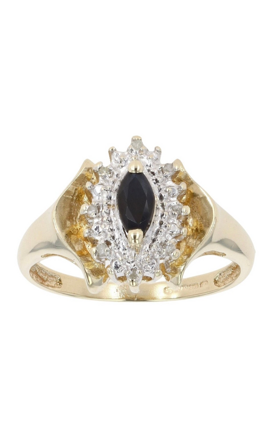 9ct Yellow Gold Sapphire & Diamond Cluster Ring - Size: K