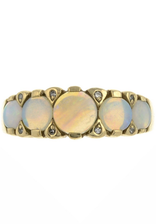 Five Stone Gold Opal and Diamond Ring- Size: P 1/2