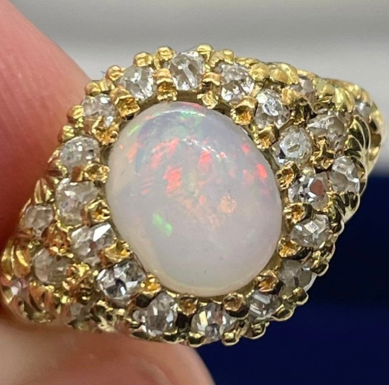19th Century Gold Opal and Diamond Ring - Size: M 1/2
