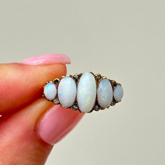 Antique Chunky 18ct Yellow Gold Opal and Diamond 5 Stone Ring - N 1/2