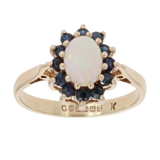 Yellow Gold Opal and Sapphire Cluster Ring - Size: L