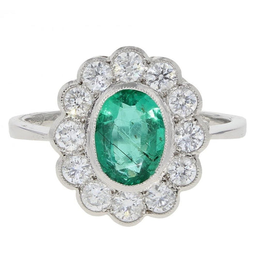 Platinum 0.95ct Diamond & Oval Emerald Cluster Ring – Vintage Style
