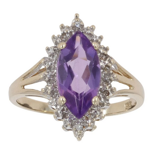 Yellow Gold Diamond And Amethyst Cluster Ring - Size: L