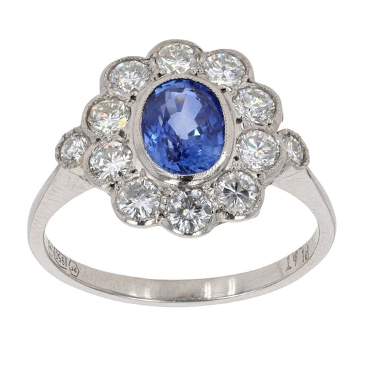 Platinum Sapphire and Diamond Cluster Ring – 1.20ct Sapphire & 0.90ct Diamonds