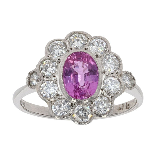 Platinum Pink Sapphire & Diamond Cluster Ring (0.85ct / 0.35ct)